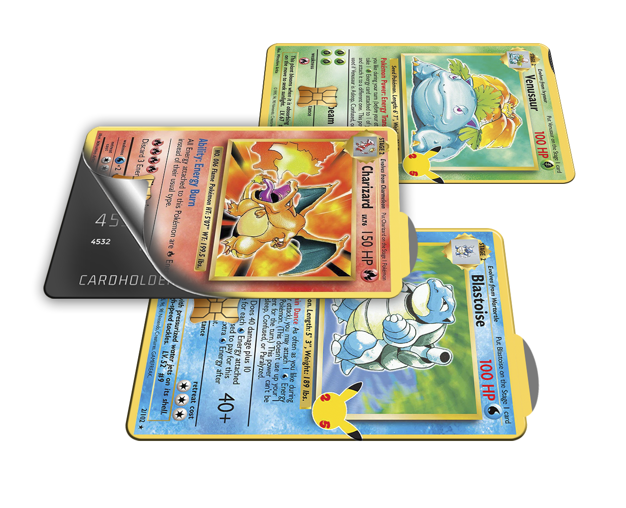 SKINCARD Skinstech® Charizard Blastoise y Venosaur Set de 3 Diseños calcomanias de credito-debito con estilo de TCG Pokemon